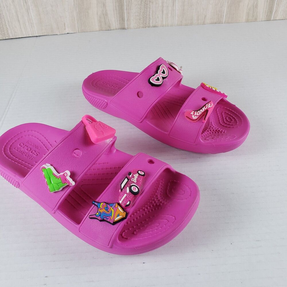 Crocs Slide Sandal Double Strap Fuchsia Pink Sz J-2 Classic Kids Barbie